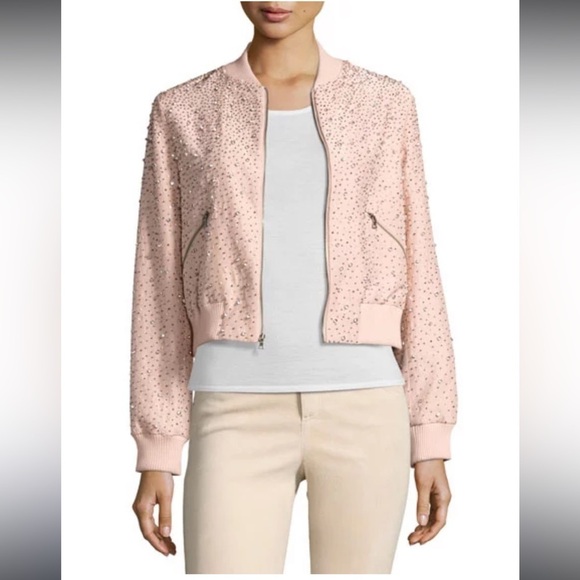 Alice + Olivia Demia Embellished Silk Cropped Bomber Jacket - Picture 1 of 12